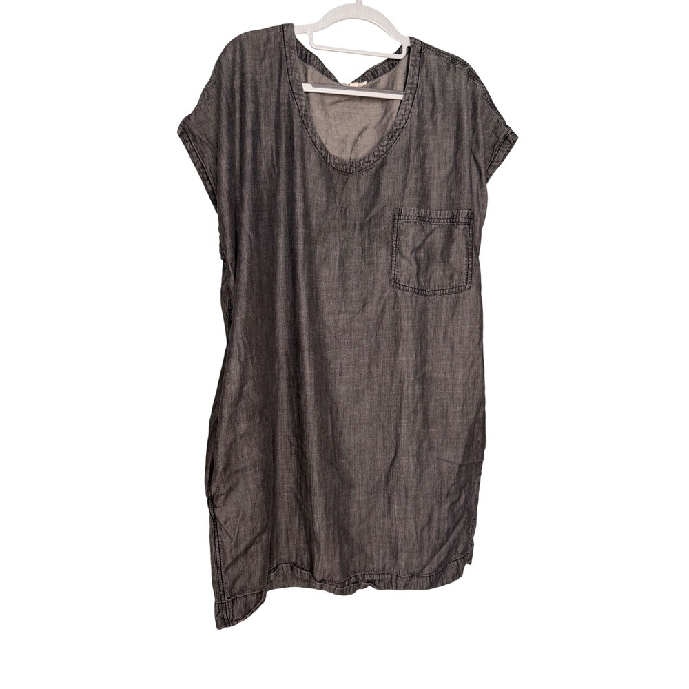 Eileen Fisher Chambray Mini Dress Womens Gray Chest Pocket Tencel Blend Modern
